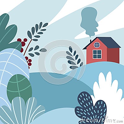 Winter nature. a small house stands among snowdrifts and trees. Cartoon Illustration